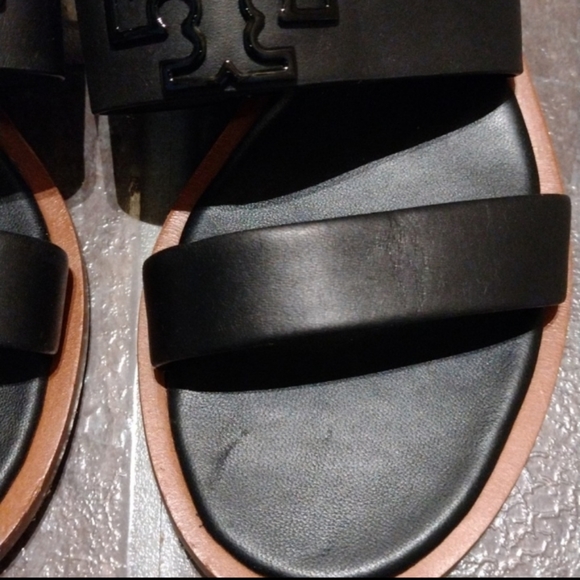 Tory Burch Logo Monogram Black leather slingback stripy sandal size 35 - Picture 8 of 9